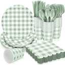 Newtay Gingham Party Supplies for Guests Paper Plates Knives Spoons Forks Napkins Disposable Set Cutlery for Checkered Dinner Wedding Party Favor(Sage Green) 