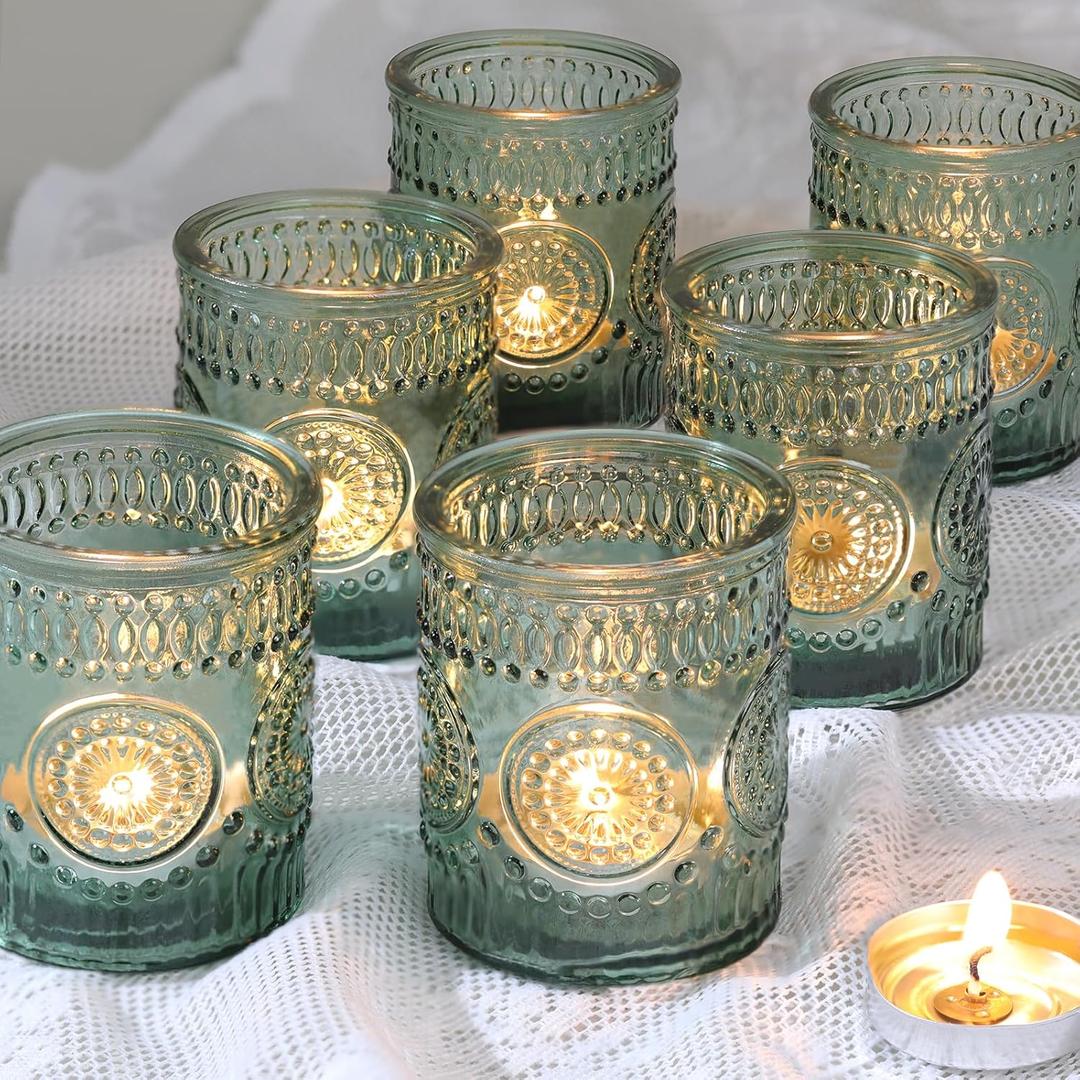 12pcs Green Votive Candle Holders Glass Tea Lights Candle Holder Bulk for Birthday Parties, Weddings, Table Decorations, Candle light Dinners