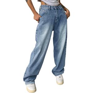 EMMIOL Women Baggy Jeans Trendy Mid-Low Waisted 90s Vintage Denim Pants Baggy Jeans Trouser (Blue, S)