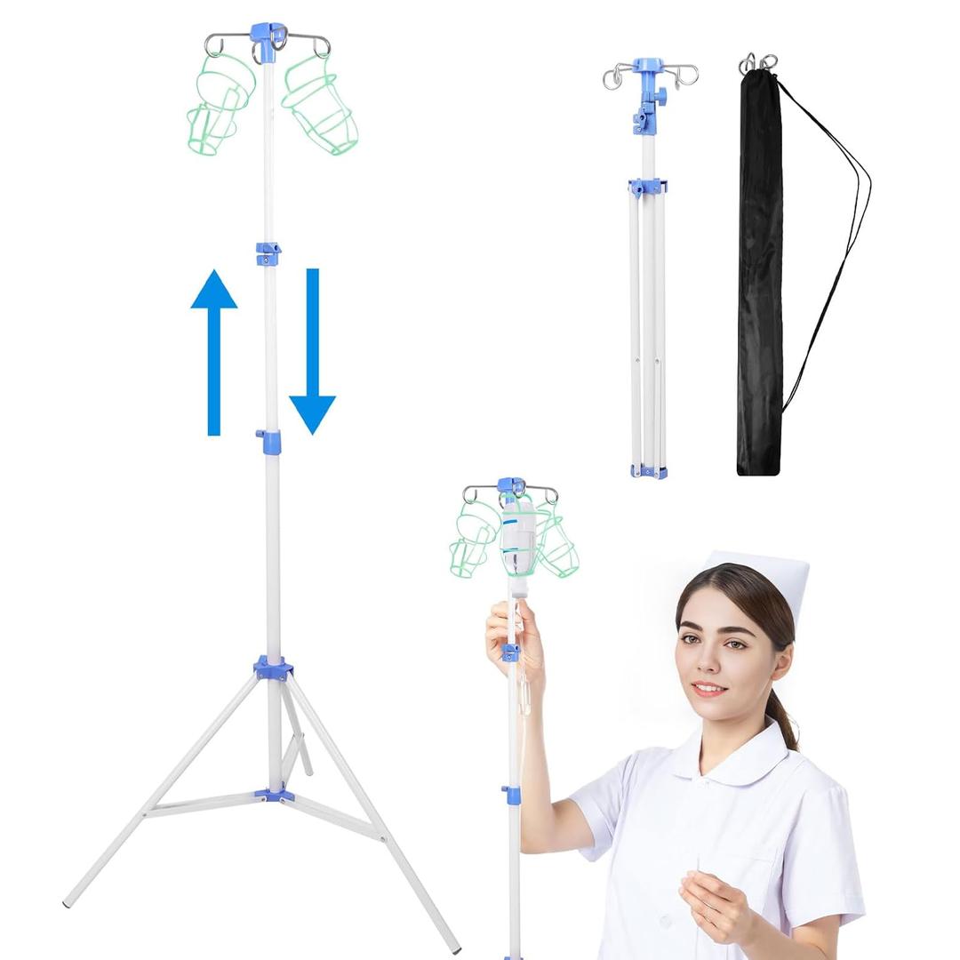 Lefeke IV Pole Portable for Traveling, Adjustable IV Stand with Hooks, Medical IV Drip Infusion Bag Holder, IV Fluids Floor Stand (White)