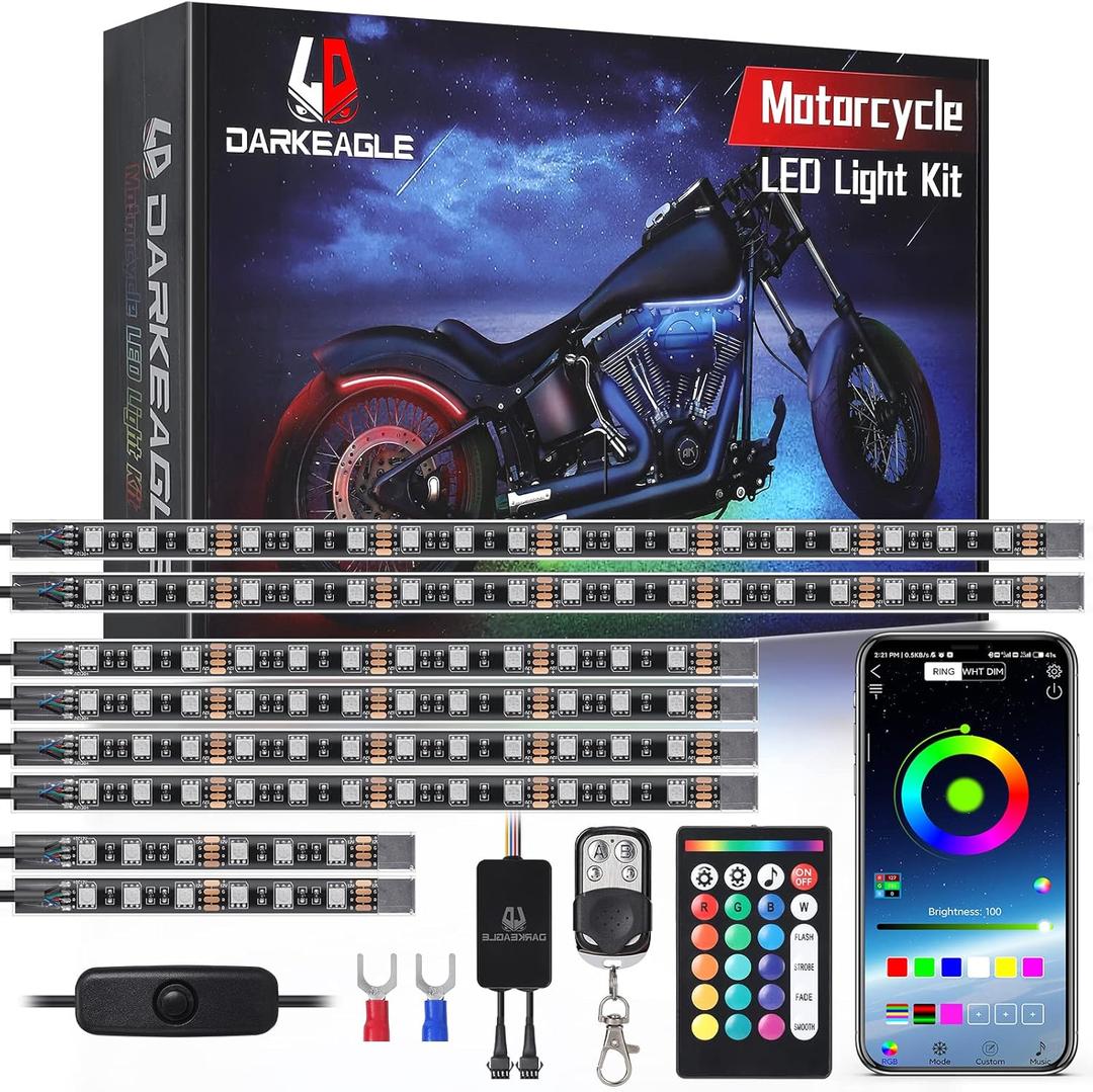 8PCS Motorcycle RGB LED Light Kits with APP/RF Remote, Multicolor Underglow Lights with Brake Turn Signal, 12V Waterproof Dual Zone Strip for Sport Bike, Cruiser, Street & Dirt Motorcycle