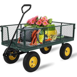 Garden Cart on Wheels 1100Lbs Capacity, Heavy Duty Full Steel Utility Wagon, Versatile Flatbed Carts with Removable Mesh Sides, 180 Rotating Handle, Fit for Outdoor Garden, Lawn, Yard