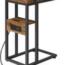 HOOBRO Foldable End Table, C Shaped Side Table with Charging Station, Sofa Couch Table that Slide Under for Living Room Bedroom Small Spaces, Easy Assembly, Rustic Brown and Black BF29USF01