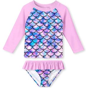 Funnycokid Girls Rash Guard Swimsuit Set Long Sleeve Bathing Suit Two Piece 9-10 Years (Fish Scale Pink)