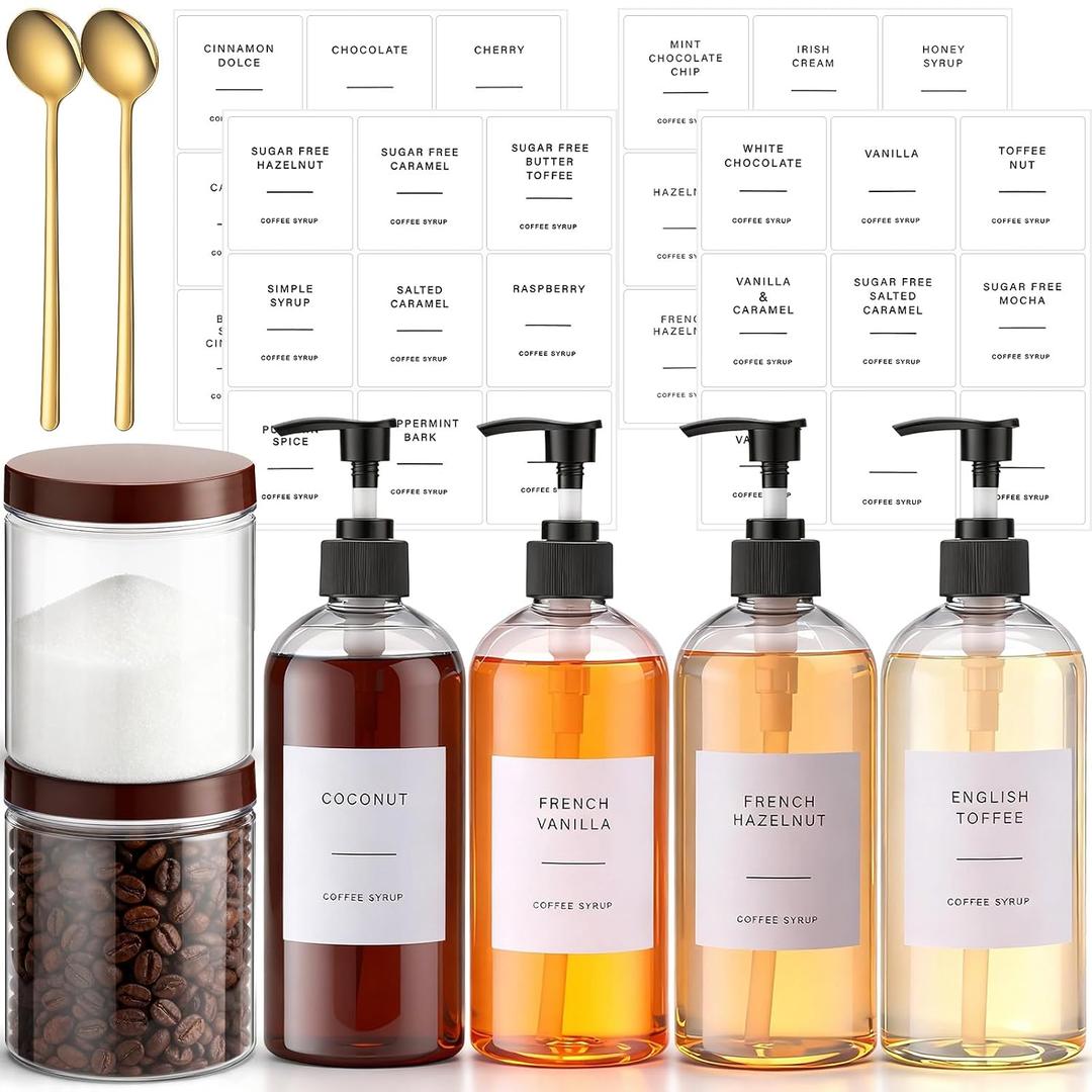 9 Pcs Coffee Syrup Dispenser Set 16.9 Oz/500 ml Plastic Coffee Syrup Dispenser Pump Bottle Pet Jar with Lids Gold Spoon and Labels for Home Bar Organization