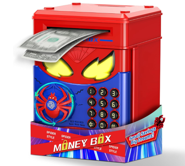 Wrystte Spider Piggy Bank for Kids,Electronic Money Box with Fingerprint,ATM Safe Coin&Cash Saving Box,Kids Toys for Age 4 5 6 7 8,Christmas Birthday Gifts for 9 10 11 12 Year Old Boys Girls (Blue)