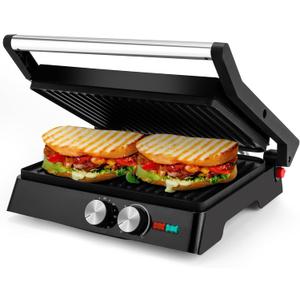 Pukomc Panini Grill Press,Sandwich Maker Press,Contact Grill, 1400W Non-Stick Grill, 60-Minute Timer, 180 Degrees Opening, Stainless Steel