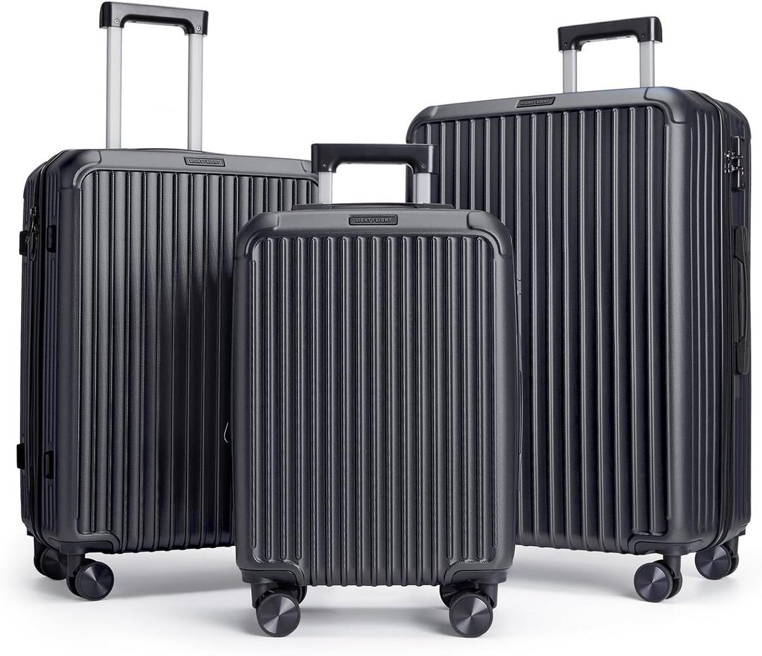 LIGHT FLIGHT Luggage Sets, Durable Hard Shell 3 Piece Set Suitcase with Spinner Wheels, Hardside Lightweight Luggage set with TSA Lock, Large Travel Luggage Set (20" 24" 28"), Black