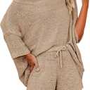 Mafulus Women's 2 Piece Outfits Sweater Sets Off Shoulder Knit Top Shorts Matching Suits Cute Pajama Lounge Set (Large, Khaki)