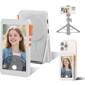 Selfie Monitor Screen for iPhone, Magnetic Screen Mirroring Back Camera Monitor with Desktop Stand 3-Level Brightness Bluetooth Focus Selfie Monitor Screen for YouTube Vlog Live Stream TikTok (White)