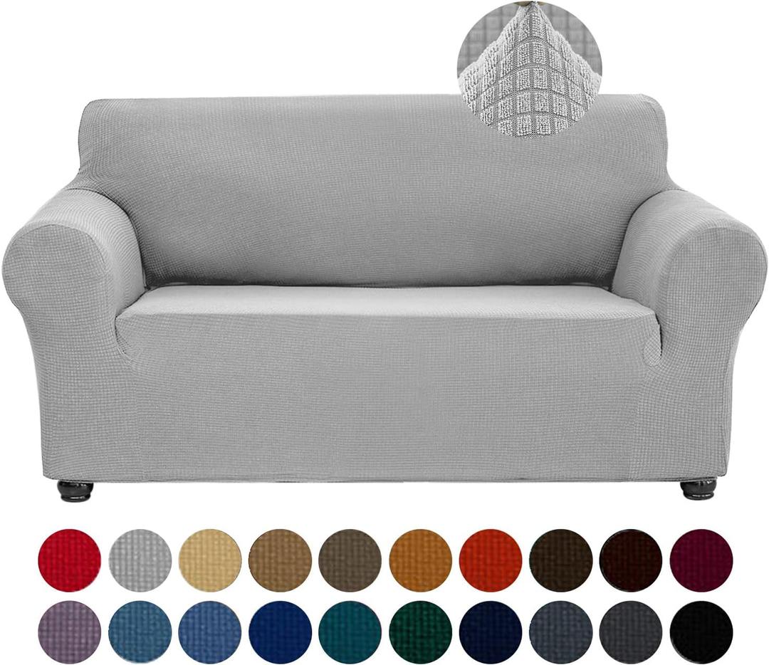 Joccun Stretch Loveseat Couch Cover Slipcover, 1-Piece Sofa Cover for 2 Cushion Couch Spandex Jacquard Washable Furniture Protector Cover for Living Room,Kids,PetsLoveseat,Silver