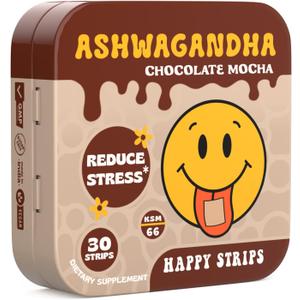 2 x Happy Strips Organic Ashwagandha KSM 66 & GABA for Stress Relief, Calmness, Sleep - Fast-Acting & Rapid-Dissolving, Chocolate Mocha Flavored, Organic, Vegan, Sugar-Free - 30 Count
