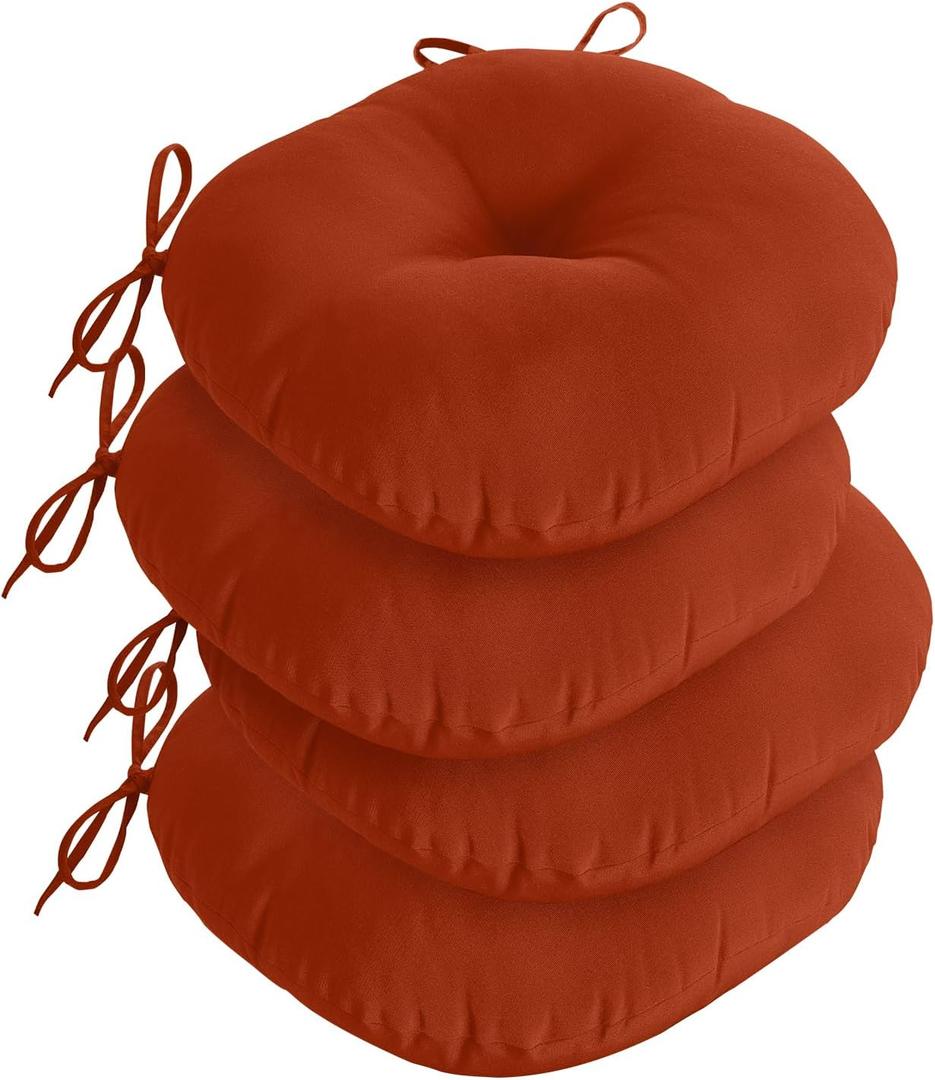 downluxe Bistro Chair Cushions for Patio Furniture, Water-Resistant Round Outdoor Chair Cushions Set of 4 with Non-Slip Ties, 15" x 15", Brick Red