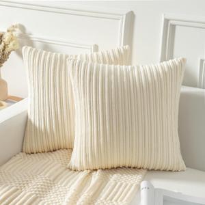 Kevin Textile Pack of 2, Corduroy Soft Decorative Square Throw Pillow Cover Cushion Covers, Home Decor for Sofa Couch Bed Chair 16x16 Inch/40x40 cm (Creamy White) 