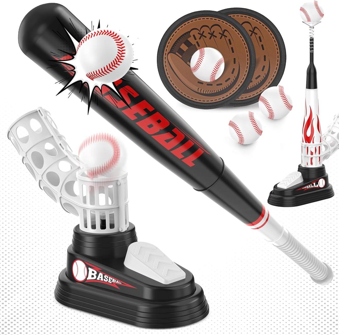 Wupuaait T Ball Set for Kids Toddlers 3-5, Toss and Catch Ball Game Outdoor Toys with Fixed Tee Ball Stand, Baseball Launcher, Softballs and Beginner Glove, Sport Toy Gift Idea for Boys and Girls