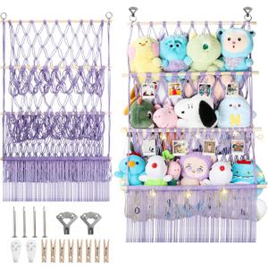 3 Tier Stuffed Animal Storage Shelf Net, 24x39 Inch Large Stuffy Storage w/ LED Light & Clips for Mini Medium Plushie Teddy, Purple Boho Macrame Wall Stuffed Animal Holder Display for Kids Girls Boys