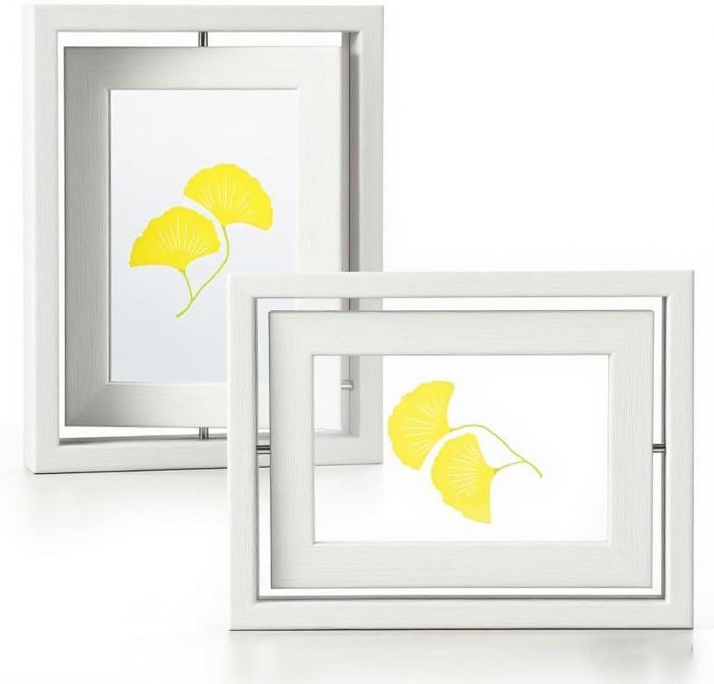 2 Pack 5x7 Rotating Floating Picture Frames, White Wood Floating Photo Frame Double-Sided Display with Crystal Glass for Tabletop, Desk or Shelf
