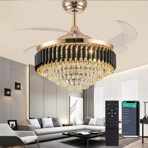 52" Gold Fandelier Ceiling Fans with Lights and Remote,Dimmable LED Crystal Chandelier with fan,Modern Retractable Invisible Ceiling Fan with Light for Dinning Room Living Room Kitchen Bedroom