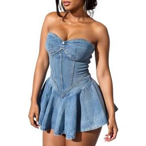 NRTHYE Women's Sexy Strapless Denim Dress Off Shoulder Corset Tube Summer Mini Jean Dresses M