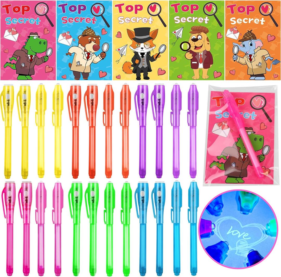 FLYSNK 24 Pack Valentines Day Gifts for Kids Classroom Invisible Ink Spy Pen with Animal Themed Cards Party Favors for School Exchange & Prizes for Boys Girls