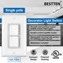 BESTTEN 5 Pack Double Light Switch, Single Pole, Combination Decorator Interrupters, 15A 120V, in-Wall On/Off Switch, Dual Paddle Rockers, Wallplate Included, UL Listed, White