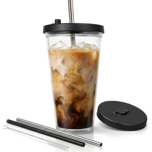 Reusable Iced Coffee Cup (16 Oz/Grande), Leak Proof and Double Wall Insulated Iced Coffee Tumbler, Come with Reusable Plastic and Metal Straws and Straw Cleaner - Black