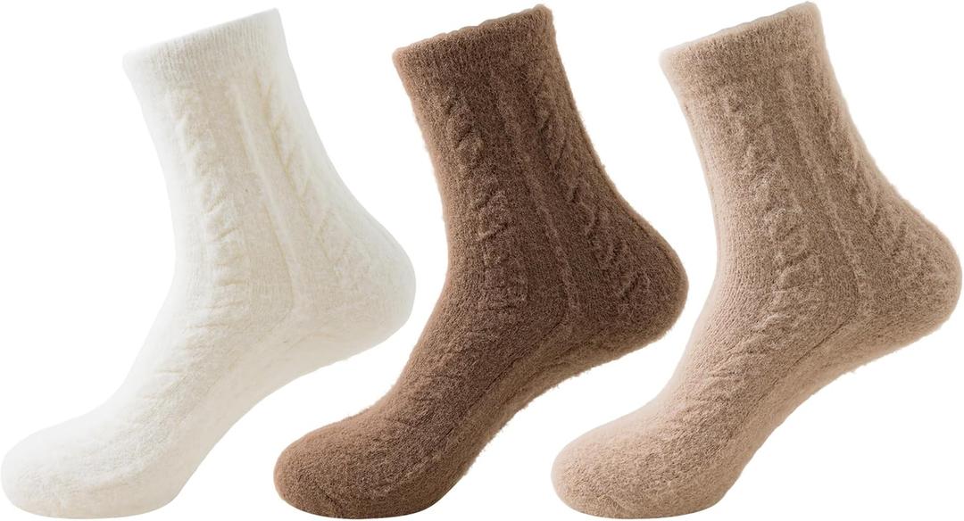 Womens Cozy Crew Socks Soft Winter Sleeping Christmas Fuzzy Ankle Socks 3 Pairs Size 5-10 (Solid Color D)