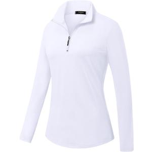 Womens Golf Shirts Long Sleeve Workout Tops Zip Up Tennis Polo Shirts (White, S)