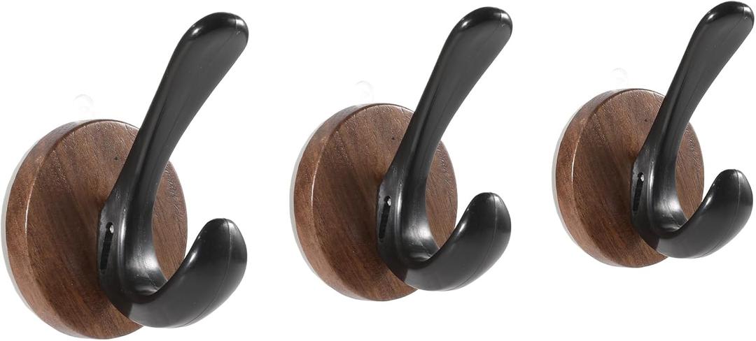 Walnut Suction Cup Hooks - Waterproof No Drill Removable & Reusable Wood Wall Hooks for Bathroom Kitchen Tile Glass Mirror, Unique Grain Each - 3 Pack(L)