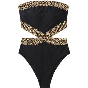 Milumia Women's Stitch Detail Strapless One Piece Swimsuit Cut Out Bandeau Bathing Suit (Large, Black)