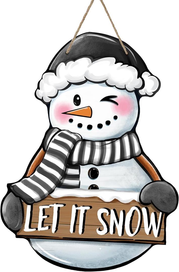 Winter Snowman Front Door Sign, Let It Snow Farmhouse Wood Hanger Outdoor Outside Porch Home Decor, Rustic Christmas Wooden Wreath Indoor Wall Hanging Decoration