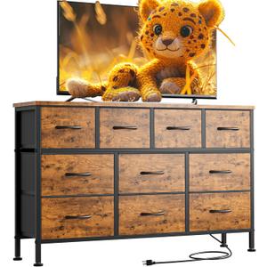 Lulive 10 Drawer Dresser for Bedroom, Dressers TV Stand with Power Outlet, Entertainment Center Bedroom Dresser, Chest of Drawers for 55'' Long TV, Wide Fabric Dresser for Storage and Organization (Rustic Brown)