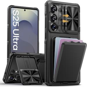 SSLOTSCASE for Samsung Galaxy S25 Ultra Case with Card Holder & Kickstand & Slide Camera Lens Cover, Silicone Edge Protection Rugged Heavy Duty Phone Case Cover for Galaxy S25 Ultra 5G 2025, Black