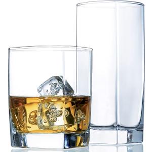 Le'raze Collins Everyday Drinking Glasses Set of 16 Drinkware Kitchen Glasses for Cocktail, Iced Coffee, Beer, Ice Tea, Wine, Whiskey, Water, 8 Tall Highball Glass Cups & 8 Short Old Fashioned.