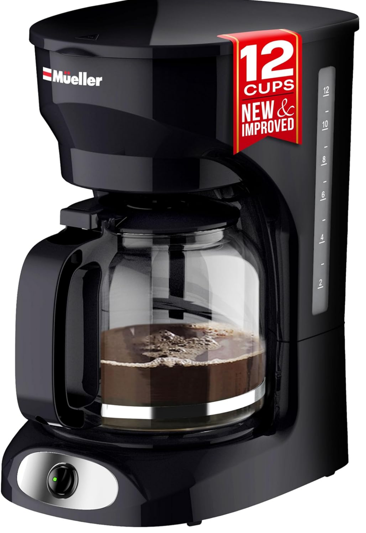 Mueller 12-Cup Drip Coffee Maker - Borosilicate Carafe, Auto-Off, Reusable Filter, Anti-Drip, Keep-Warm Function, Clear Water Level Window Coffee Machine, Kitchen Essentials & Accessories