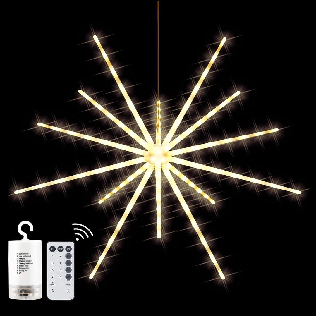Tiandirenhe Hanging Starburst Light,112 LED Firework Fairy Starburst String Lights Hanging Star Lights with Remote, 8 Lighting Modes Operated, Starry Light for Garden Party Christmas (Warm White) (Yellow)