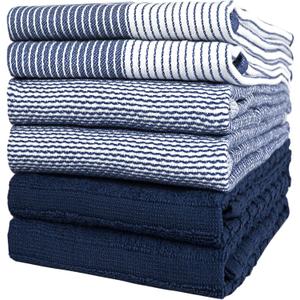Premium Kitchen Towels (20x 28, 6 Pack) | Large Cotton Dish Towels | Flat & Terry Highly Absorbent Kitchen Linen Set with Hanging Loop | Navy Blue