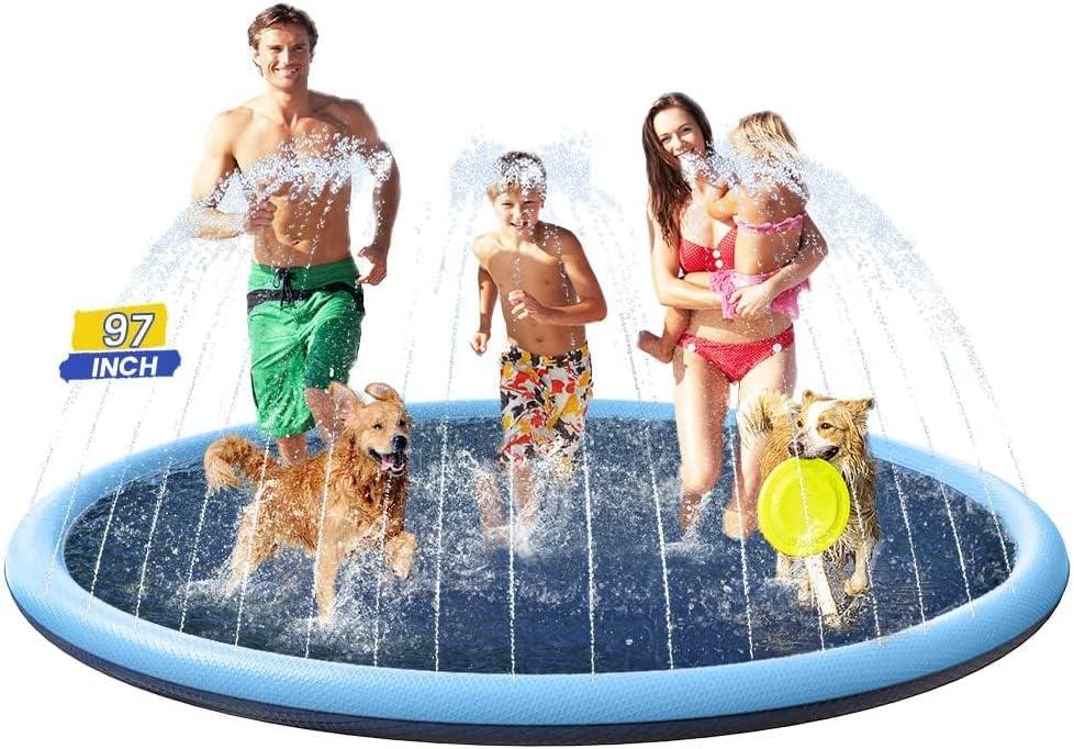 97inch Dog Splash Pad Non-SlipExtra Large, Pet Dogs Cool Sprinkler Pool Heavy Duty XXL Splash Pads for Kiddie Baby Wading Pool Summer Outdoor Play Water Fun Toy Gift Easy to Use/Clean (Blue)