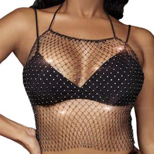 Formery Sexy Rhinestone Cover Up Black Crystal Mesh Crop Tops Rave Party Club Tank Top Body Chains for Women