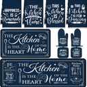 Fourluoo 10 Pcs Farmhouse Kitchen Decor and Accessories Set 4 Kitchen Towels 2 Pot Holders 2 Oven Mitts 2 Rugs for Cooking Baking Mom Housewarming Gifts(Dark Blue,Classic Style)