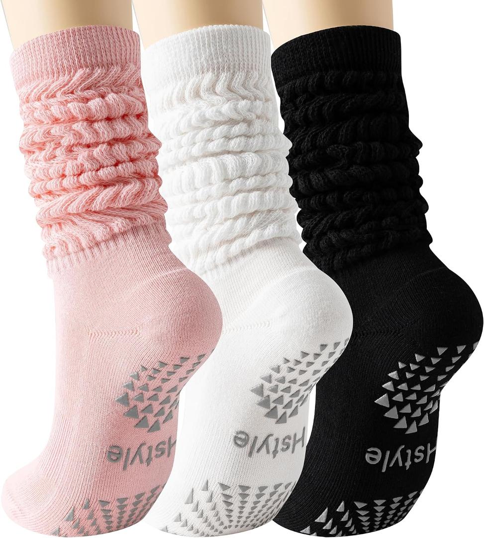 Hstyle Grip Pilates Socks for Women, Slouch Scrunch Yoga Barre Socks for Hospital Workout, One size