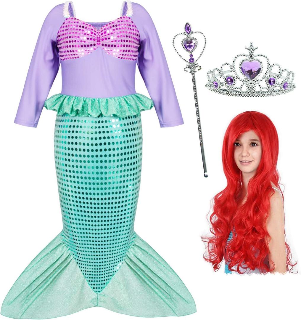 Joy Join Little Girls Princess Mermaid Costume for Girls Dress Up Party with Wig,Crown, Mace Green (4-5 Years)