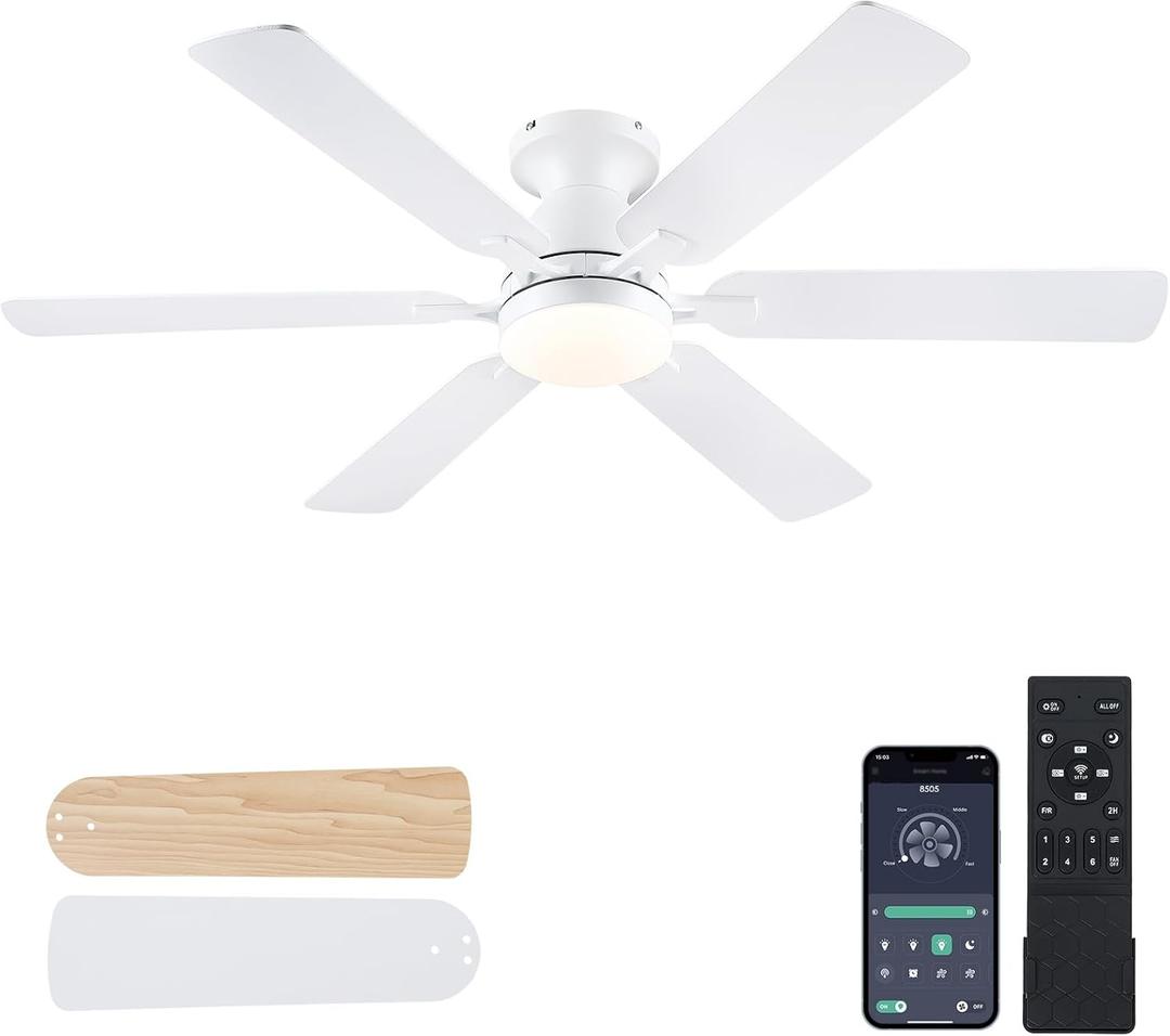 Ceiling Fans with Lights- 52" Low Profile Indoor Ceiling Fan with Light and Remote/APP Control, Flush Mount, 6 Blade, LED Dimmable DC Reversible Modern Ceiling Fan for BedroomWhite