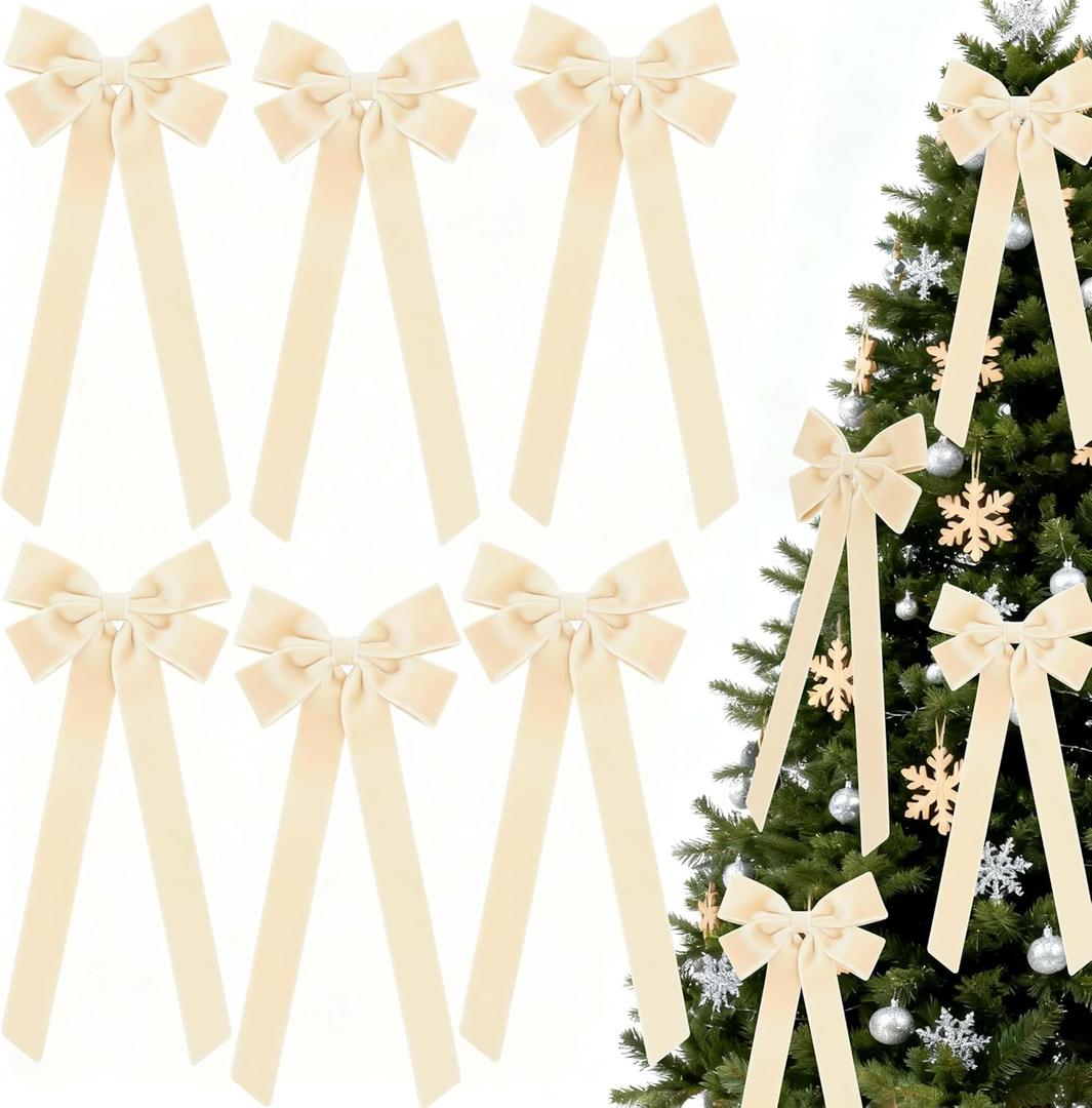 6Pcs Large Beige Bows Christmas Decorations, Boho Velvet Bows for Christmas Tree Outside Decorating, Premade Decorative Ribbon with Twist Tie for Wreath Garland Staircase Front Door 6.9*23.6."