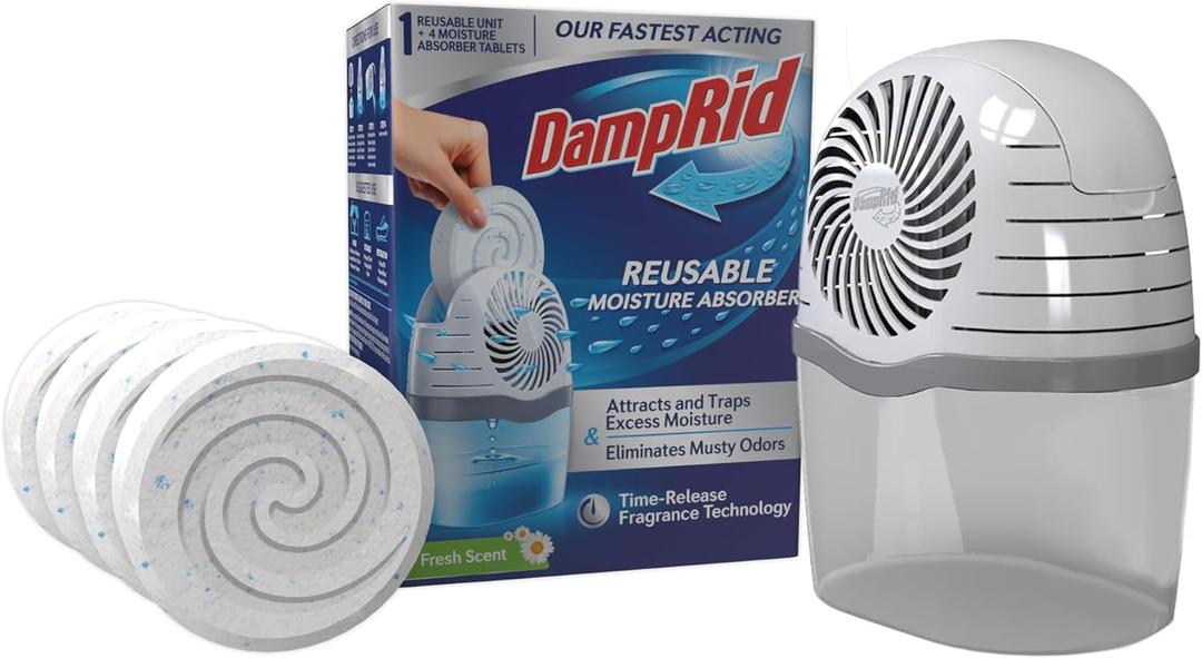 DampRid Reusable Moisture Absorber with 4 Drop-In Tablets, Fresh Scent, 15.8 oz., Attract and Trap Excess Moisture & Eliminate Musty Odors for Cleaner, Fresher Air