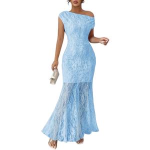 MITILLY Formal 2026 Summer Wedding Guest Dress for Women One Shoulder Bodycon Mesh Cocktail Maxi Dresses, Small, Light Blue