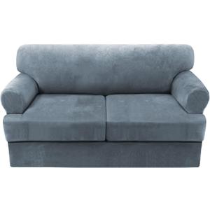 H.VERSAILTEX Sofa Cover 3 Piece T Cushion Loveseat Slipcovers Thick Velvet Couch Cover Stretch T Cushion Sofa Covers for 2 Cushion Couch with 2 Individual T Cushion Covers Washable, Stone Blue