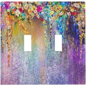 Decorative 2 Gang Double Toggle Light Switch Wall Plate Cover Summer Purple Colorful Country Spring Flower Wildflower Floral Mid Size Four Device Electrical Outlet Cover Receptacle Plug Face Plate