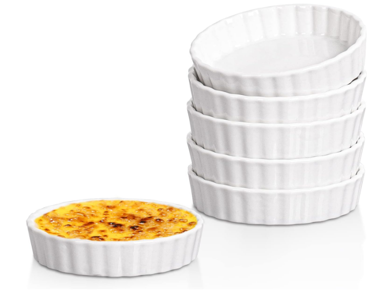 Delling Creme Brulee Ramekins  5 Piece Set, 8 oz Round Fluted Quiche Dishes, Oven Safe, White
