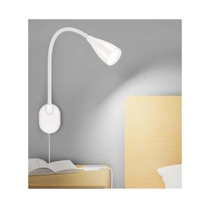 Wall-Mounted LED Bedside Reading Light with USB Charging Port, 10-Level Dimmable & Adjustable 5 Color, Plug-in Adhesive Night Lamp for Books in Bed, Eye-Caring Bedroom Lighting (White)